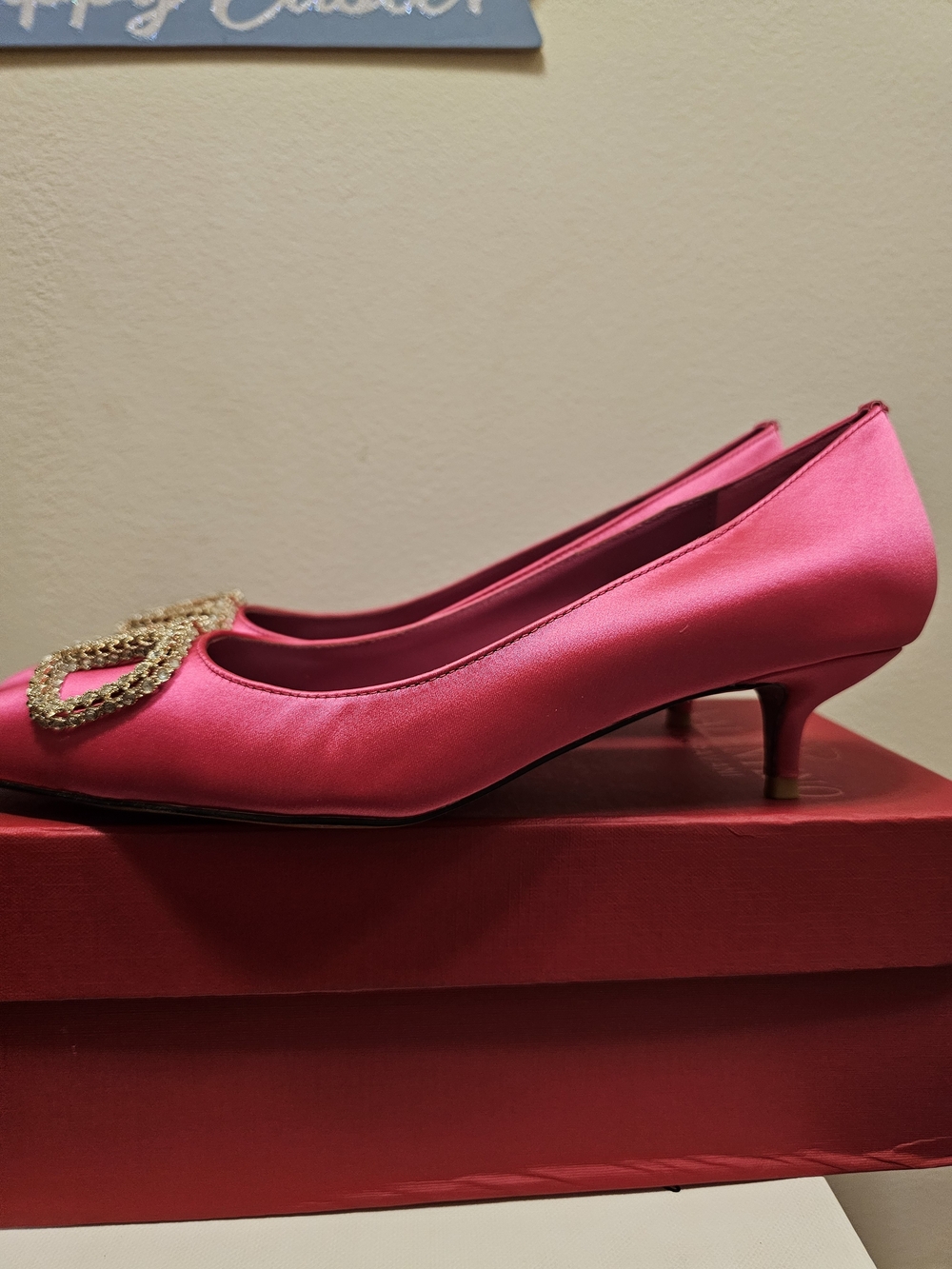 Valentino Women's Pink Satin Kitten Heel Pumps with Gold Buckle